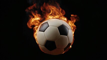 A close-up shot of a soccer ball ablaze with bright orange flames against black background
