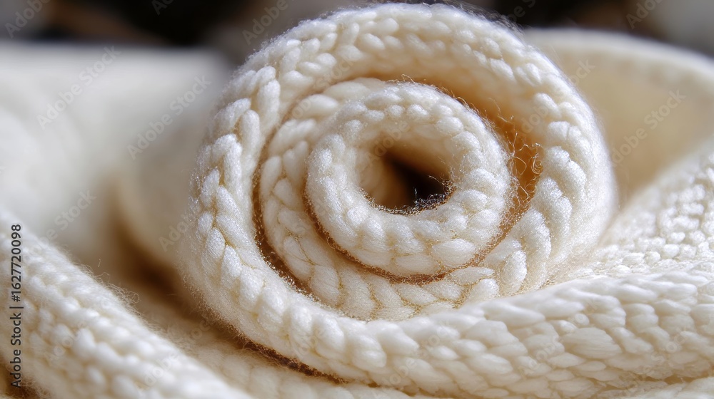 Poster cozy white wool spiral displaying softness and serenity, emphasizing textile texture and purity.