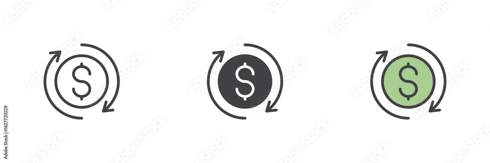 Poster currency refresh icon set in line, solid and filled outline style