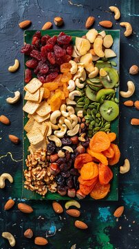 A vibrant assortment of healthy nuts and dried fruits.