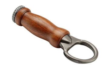 Wooden-handled bottle opener with a metallic clasp