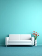 Minimalist living room with turquoise walls and white sofa