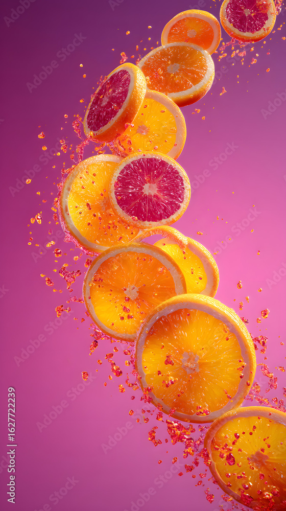 Poster oranges in motion: vivid orange and blood orange slices cascade in a dynamic swirl against a vibrant