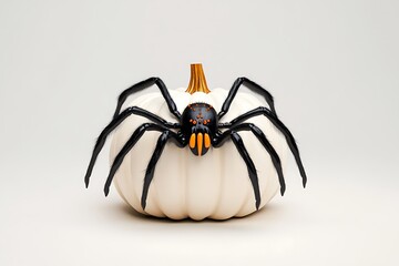 Halloween decor spider on white pumpkin indoor still life minimalist spooky concept for seasonal celebrations