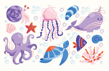 Set cartoon sea animals octopus, jellyfish, turtle, narwhal, starfish, fish, snail, mussel, seashell, and coral. Flat vector illustration marine life and underwater world concept