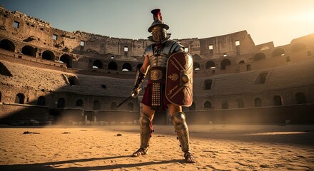 Naklejka premium Ancient Roman Gladiator Standing in Historic Coliseum Arena