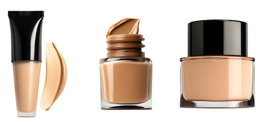 Liquid Foundation Bottles and Swatches Isolated on Transparent PNG Background, Cut Out on White Background