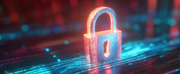 The digital lock symbolizing advanced cybersecurity and data protection in a neon environment.