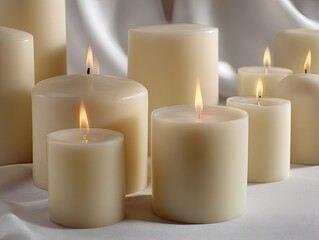 Several cream-colored cylindrical candles of varying sizes, burning brightly, arranged on a draped white fabric
