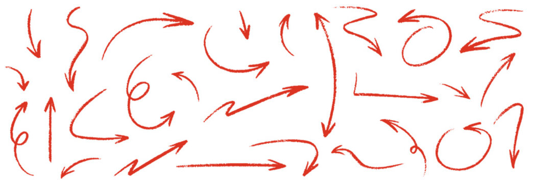 Red arrows crayon doodle chalk icons set. Hand drawn freehand different curved lines, swirls arrows. Direction pointers. Grunge scribble chalk marker drawing, black chalk smears. Vector illustration