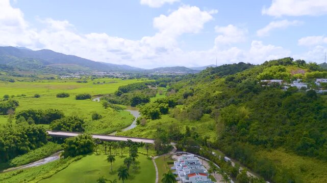 Drone footage of a Golf Course in Gurabo, Puerto Rico. Captures lush fairways, tropical scenery, and mountain views&mdash;ideal for travel, real estate, sports, and outdoor lifestyle content.