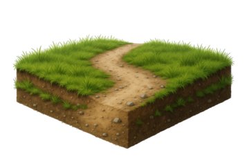 Cross-section of a grassy landscape with a winding dirt path revealing layers of soil and earth, isolated on black
