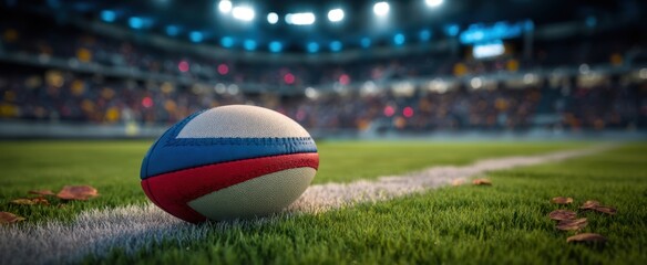 The rugby ball resting on the field before an intense sporting event