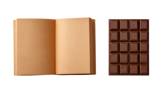 Open notebook beside a chocolate bar