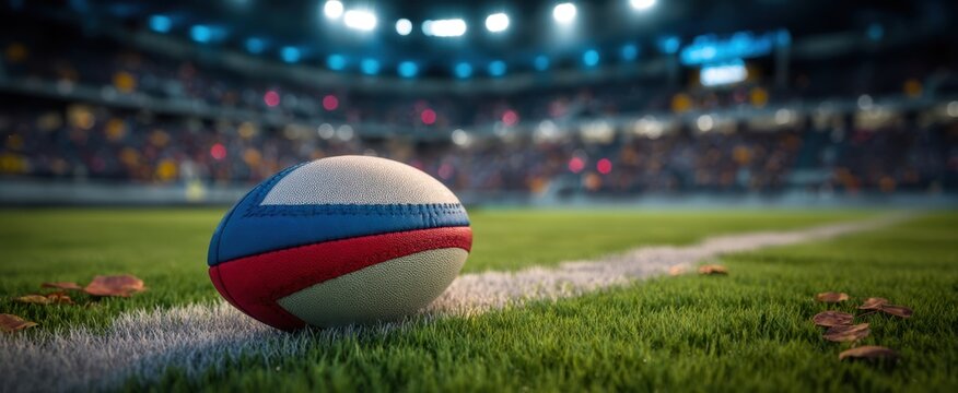 The rugby ball resting on the field before an intense sporting event