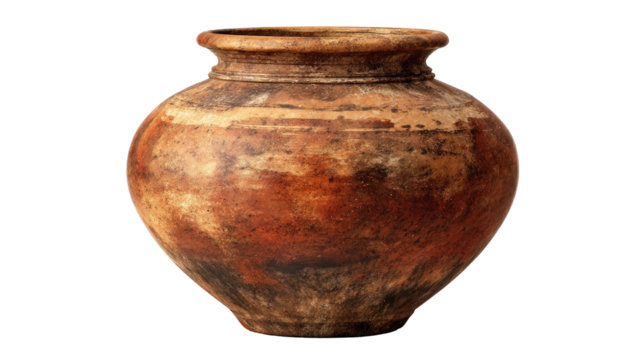 Ancient terracotta jar, weathered and worn.  Rounded, wide-bodied container with a slightly flared lip.  Warm earth tones, showing signs of age and use.  Simple, utilitarian design