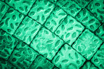 Close-up of turquoise paving slabs with oval protrusions. Paving slabs background texture.
