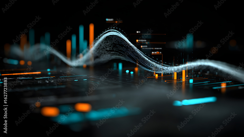 Poster data visualization: an abstract, futuristic visualization of data streams, with glowing lines and ch