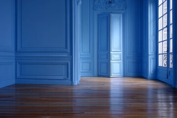 Unberührter Raum mit blauen Wänden und Holzboden