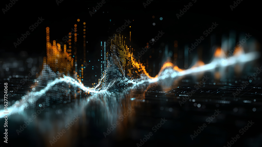 Poster abstract visualization of data flow: an artistic representation of data streams, featuring flowing l
