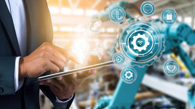 Person in suit using tablet to interact with robotic arms, surrounded by industrial icons, data—industrial automation, smart manufacturing, tech-driven production. - Powered by Adobe