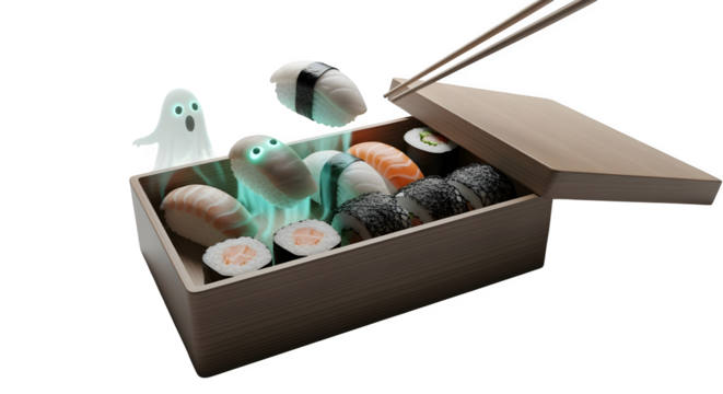 Haunted bento box with ghostly sushi, isolated on white background