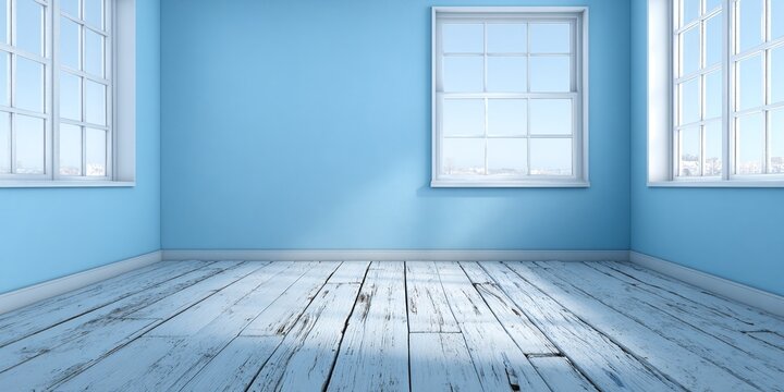 Minimalistisches, hellblaues Zimmer mit hellem Holzboden und Fenstern