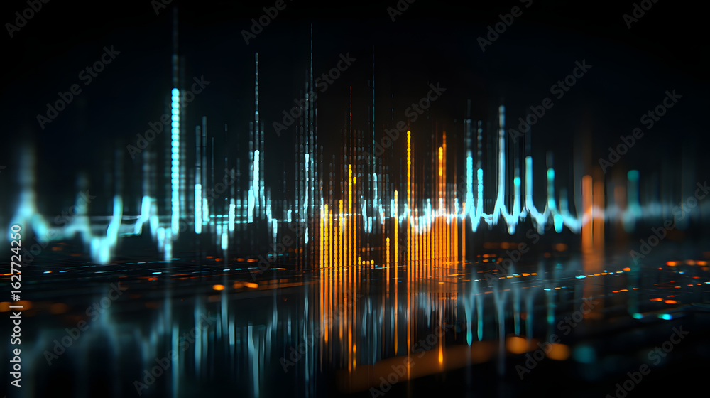 Poster digital pulse visualization: a vibrant, abstract display of a digital pulse showcases fluctuating da