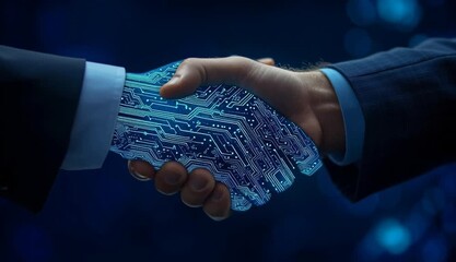 Two businessmen in dark suits shaking hands, handshake overlaid with glowing blue circuit board patterns, digital technology integration - Powered by Adobe