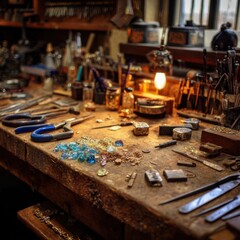 A jeweler's workspace featuring tools and unfinished pieces.