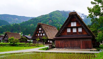Traditional Japanese village nestled in a valley