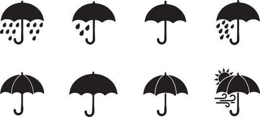 Set of Black Umbrella Icons Showing Rain Sun Wind and Closed Umbrella symbol weather