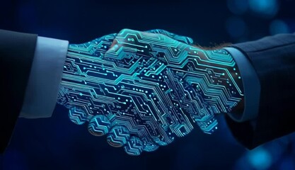Two businessmen in dark suits shaking hands, handshake overlaid with glowing blue circuit board patterns, digital technology integration - Powered by Adobe