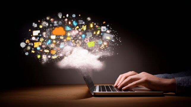 Hands typing on a laptop, surrounded by glowing digital business icons (cloud, team, data, security)—themes of digital collaboration, tech-driven work, and innovative business solutions.