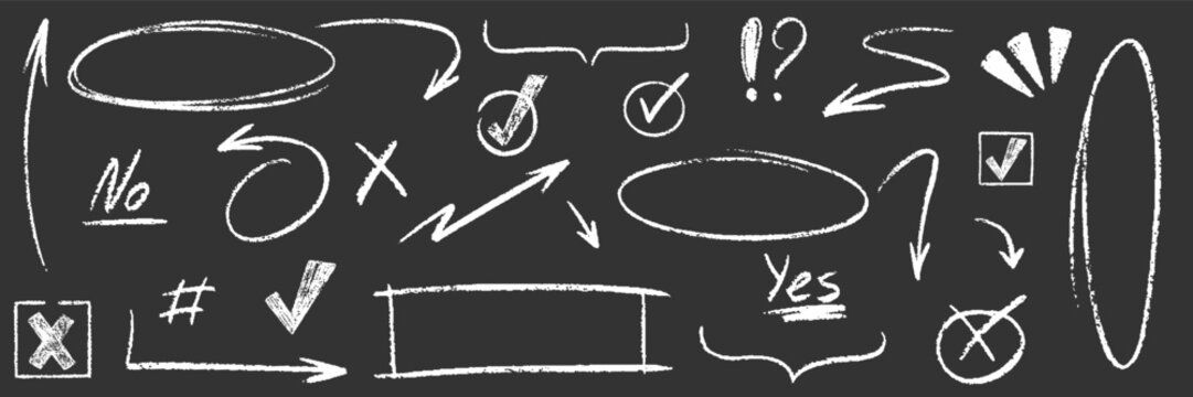 Crayon pencil hand drawn various oval, chalked arrows, check marks. Vector doodle marker drawing. Hand drawn charcoal symbols for diagrams. Freehand grunge red strikethrough and underline elements