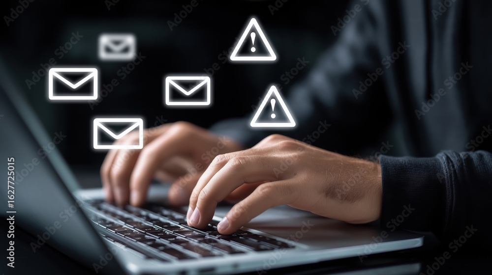 Poster hands of a person typing on a laptop keyboard, with digital icons of emails and warning signs floati