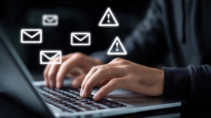 Hands of a person typing on a laptop keyboard, with digital icons of emails and warning signs floating above, illustrating online communication and alert notifications