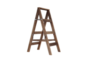 A sturdy, wooden A-frame ladder.  Simple, aged wood construction.  Visible angled support beams and rungs.  Isolated on a black background