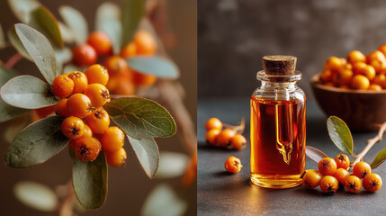 Close-up of vibrant orange berries on branches alongside a glass bottle of oil, showcasing natural ingredients and their potential uses in wellness and culinary applications
