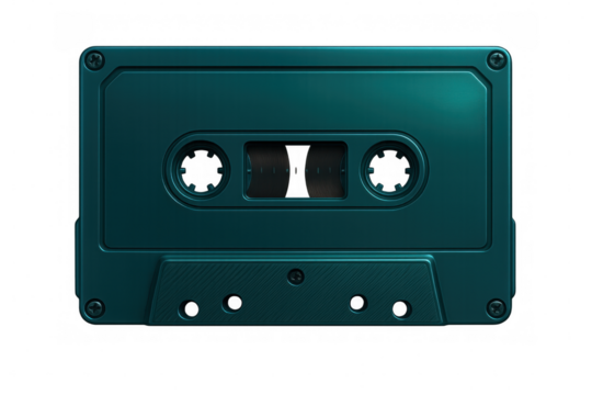 Vintage turquoise audio cassette tape presenting nostalgic analog sound recording technology against transparent backdrop
