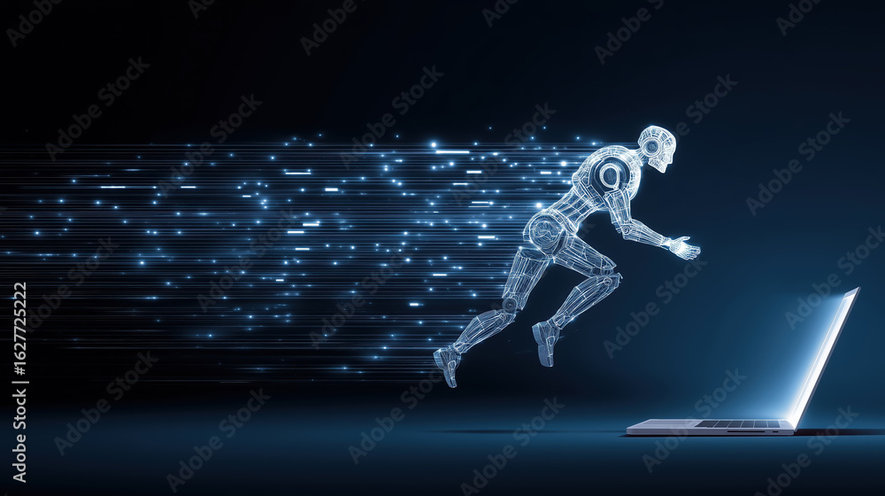 Poster futuristic digital illustration of a robotic figure sprinting towards an open laptop, with a trail o