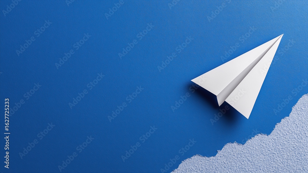Poster white paper airplane on a vibrant blue background, symbolizing creativity and innovation, with textu