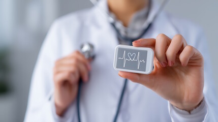 Female healthcare professional in white coat holds a digital health monitor displaying heart rate graph, symbolizing modern medical technology and patient care in a clinical environment