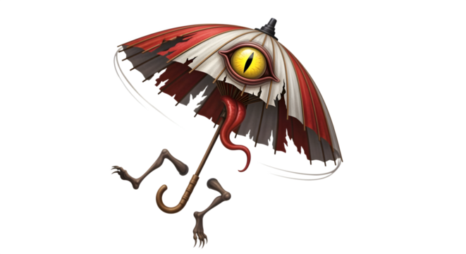 Haunted Japanese umbrella yokai with single eye, isolated on white background