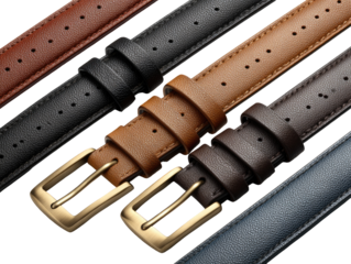 Multiple leather belts in various colors.  Four different shades of brown, black, and gray leather belts.  Metal buckles are visible.  Close-up view