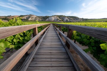 Rustic wooden pathway through lush vineyard with scenic hills under blue sky