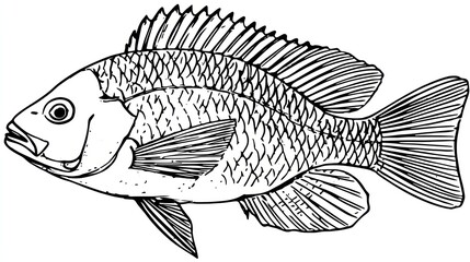Fototapeta premium Side view of a fish, detailed line drawing (1)