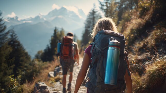 Tourists hiking along scenic mountain trail reusable water bottle eco friendly backpack promoting responsible travel green tourism practice remote highland region custom mountain background human eye