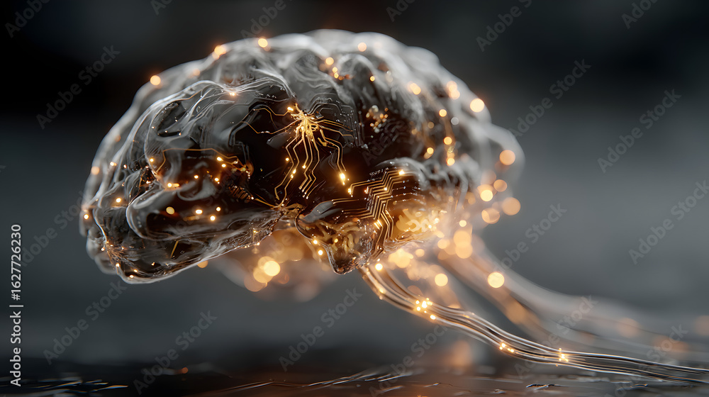 Poster the mind's blueprint: a captivating, artist rendering of a brain with glowing neural pathways, symbo