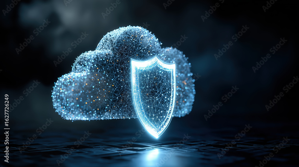 Poster digital cloud with glowing shield symbolizing cybersecurity, featuring interconnected nodes and part